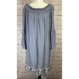 Knox Rose Dress L Blue Gauzy Embroidered‎ Smocked Off Shoulder Bell Sleeve 9165